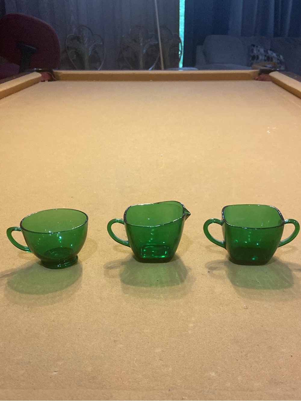 Green Glass Creamer and Sugar Set - 4 Pieces ( 1 cup not pictured)